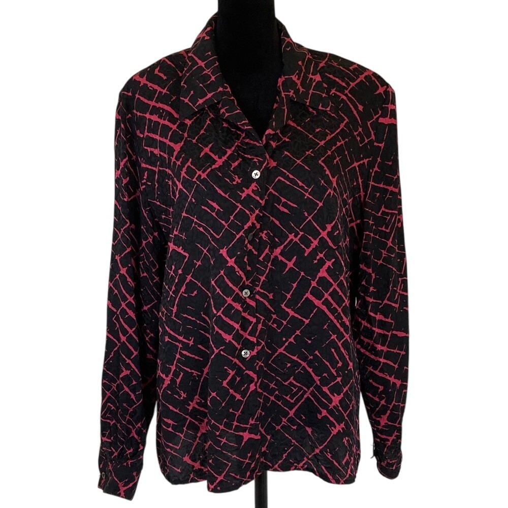 VTG Ann May Womens Button Up Silk Blouse Black Pink Size XL Classic Old Money